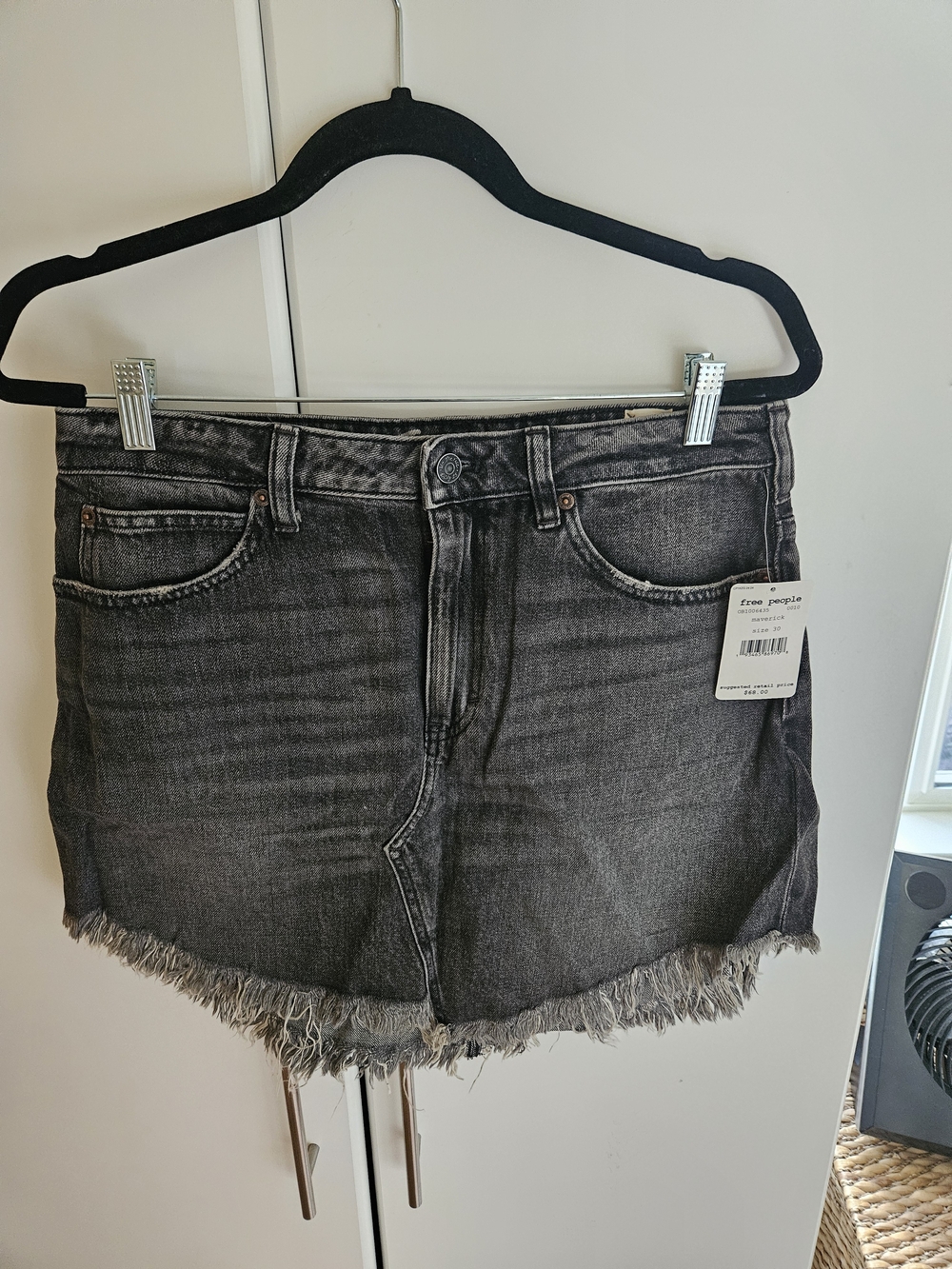 Free People Black Gray Frayed Hem Denim Mini Skirt
